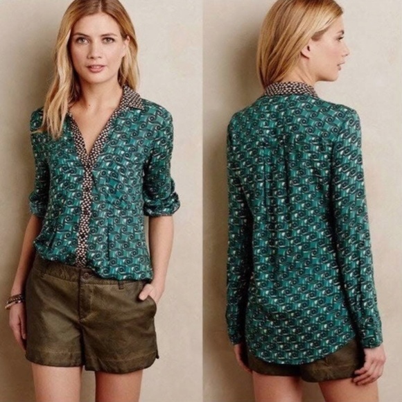Anthropologie Maeve Casia Henley Green Print Button Blouse V Neck Women 10 - Picture 1 of 10